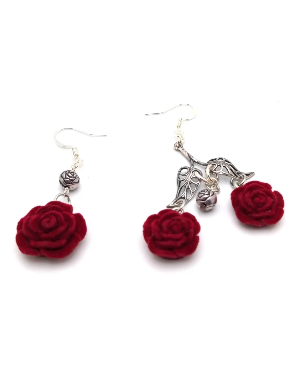 381MIDALANE Assymmetrical Flocked Red Rose Earrings
